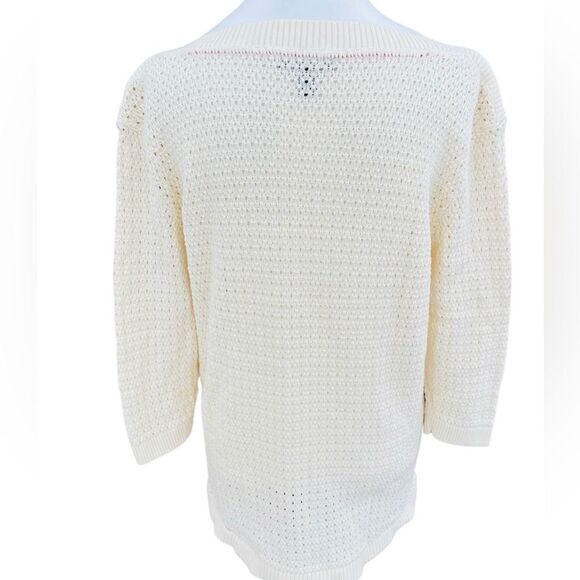 Tommy Hilfiger Ivory Open Knit Cotton 3/4 sleeve boat neck sweater size L. - Picture 3 of 7